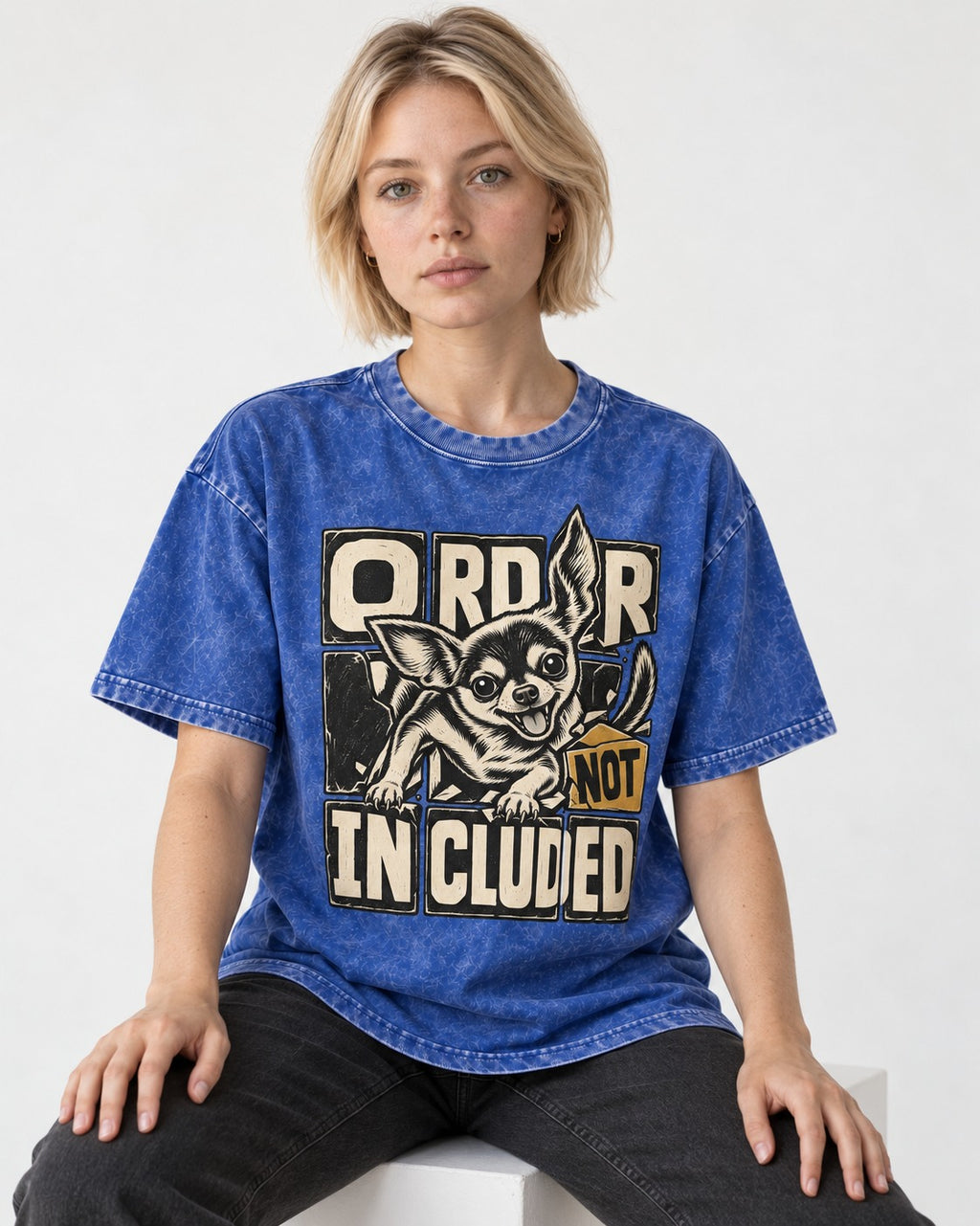 Chihuahua Order Not Included Broken Grid Graphic Washed Tee in Royal Blue, worn by a seated model