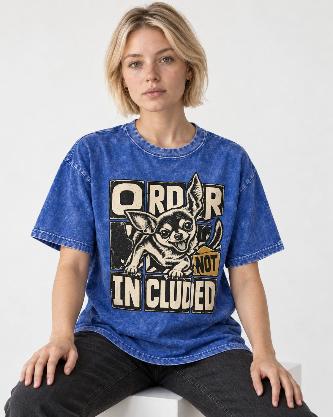 Chihuahua Order Not Included Broken Grid Graphic Washed Tee in Royal Blue, worn by a seated model