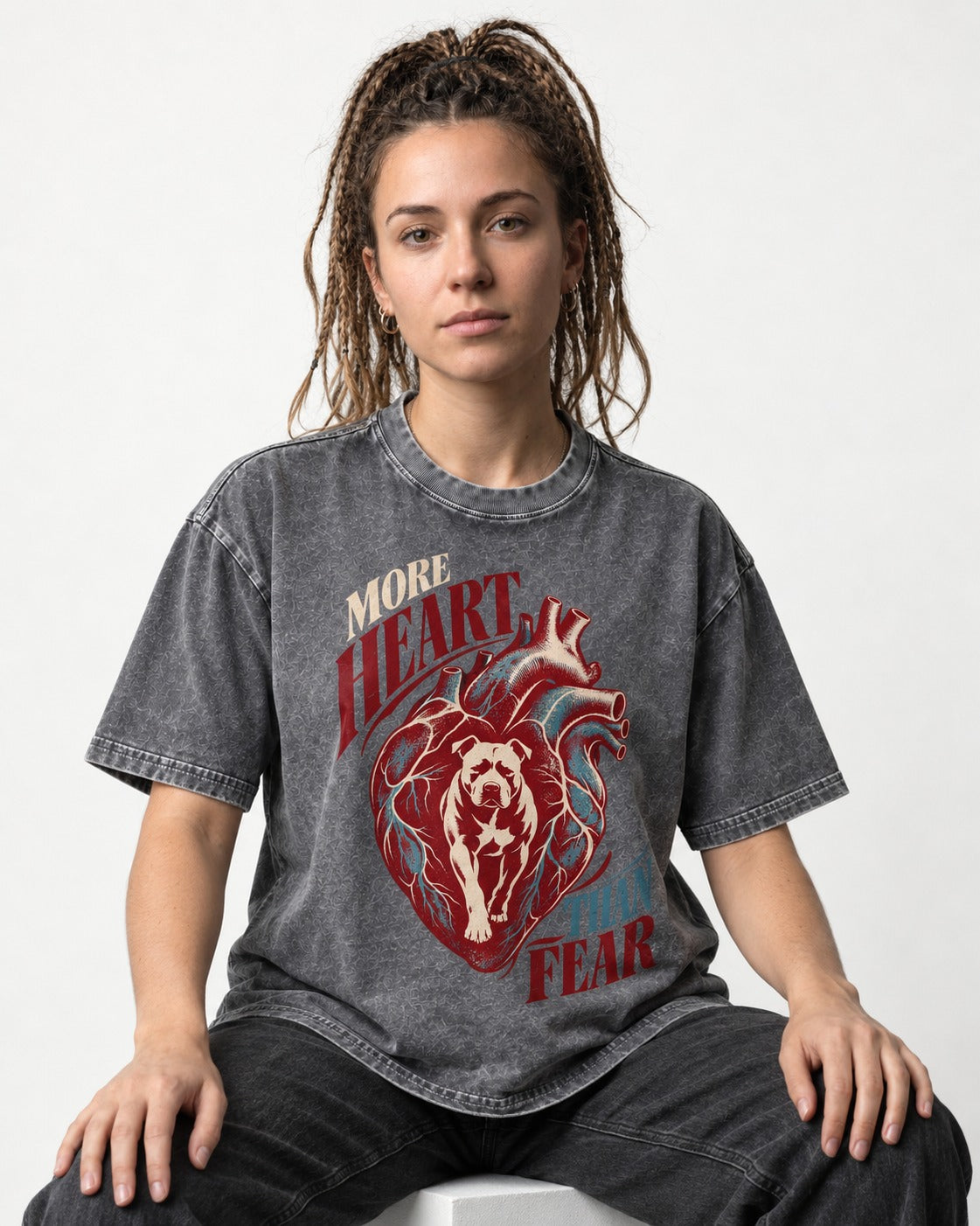 Pitbull More Heart Than Fear Anatomical Heart Graphic Washed Tee in Gray, worn by a seated model