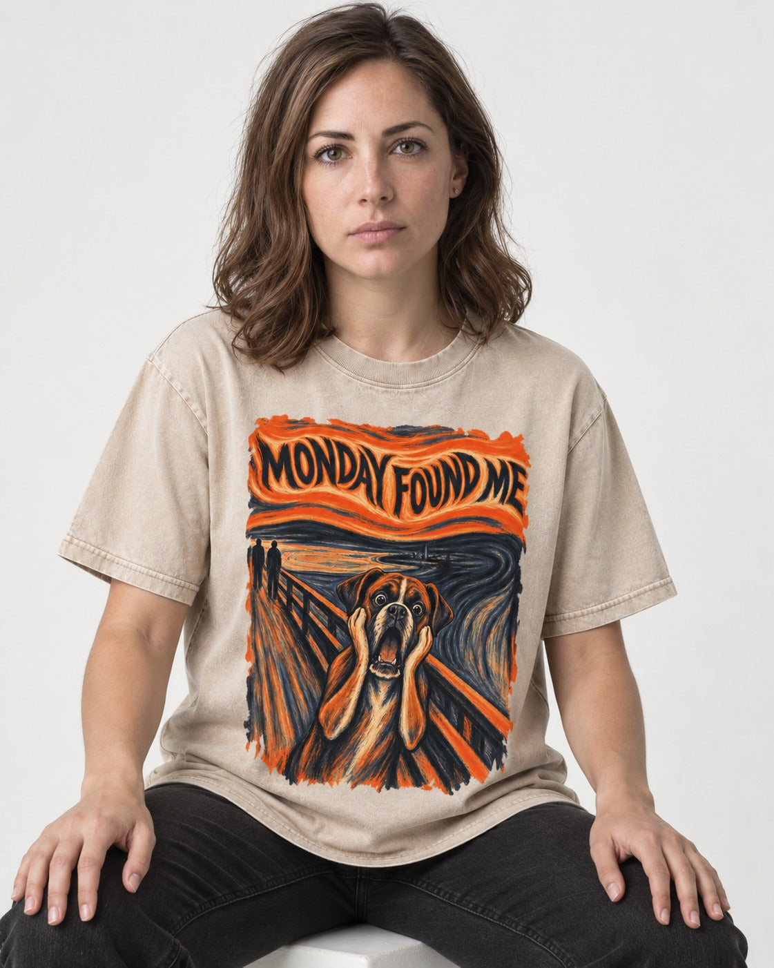 Monday Found Me Scream Boxer Washed Tee in Apricot, worn by a seated model