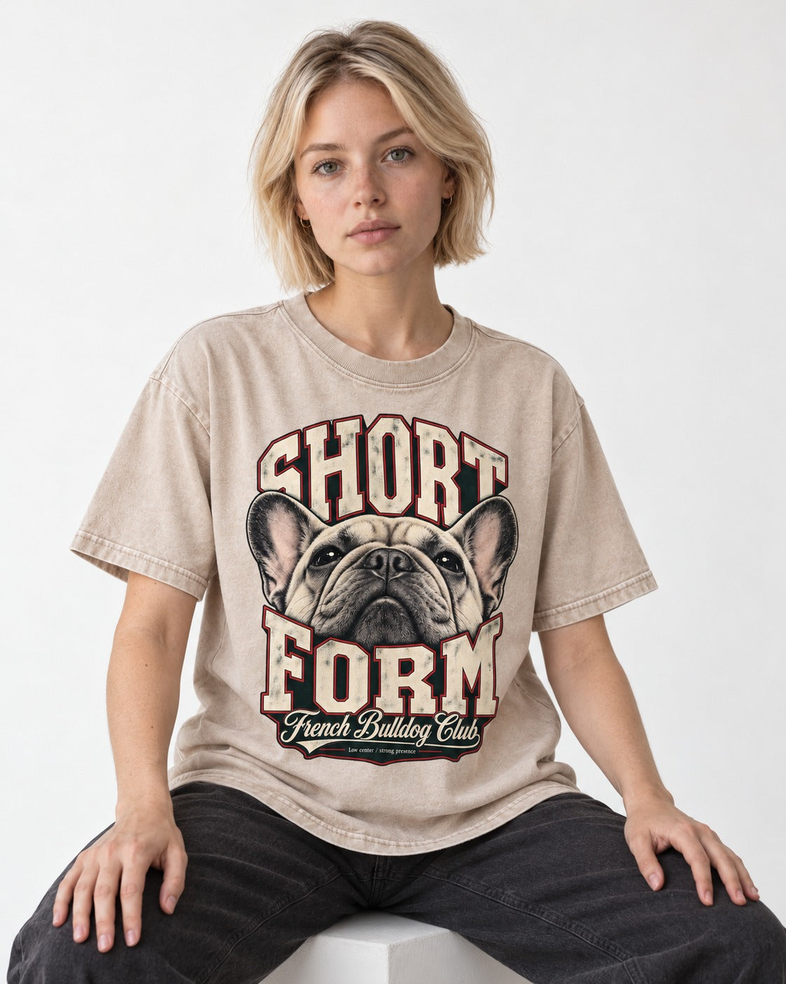Short Form Frenchie Washed Tee in Apricot, worn by a seated model