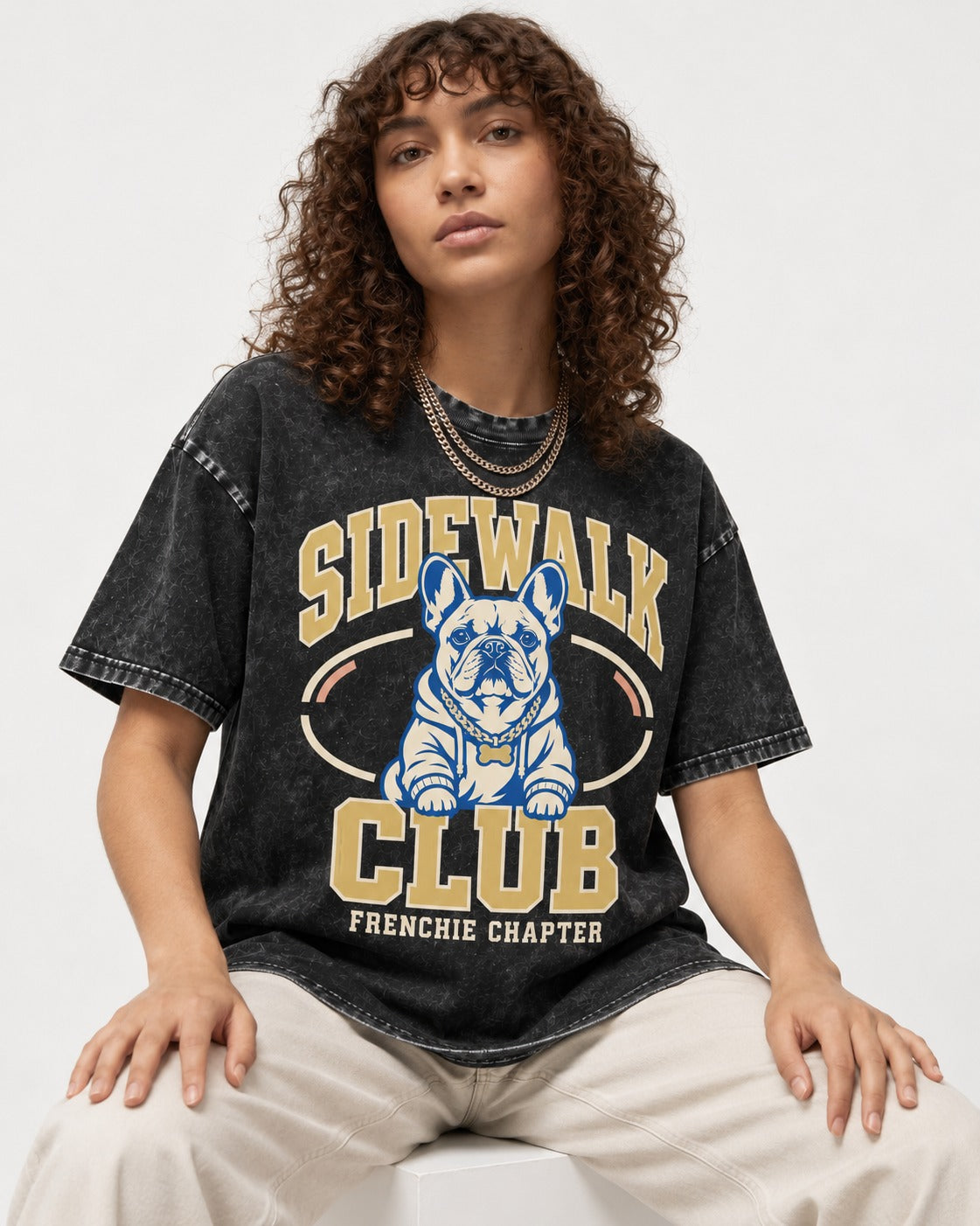 Frenchie Sidewalk Club Chapter Graphic Washed Tee in Black, worn by a seated model