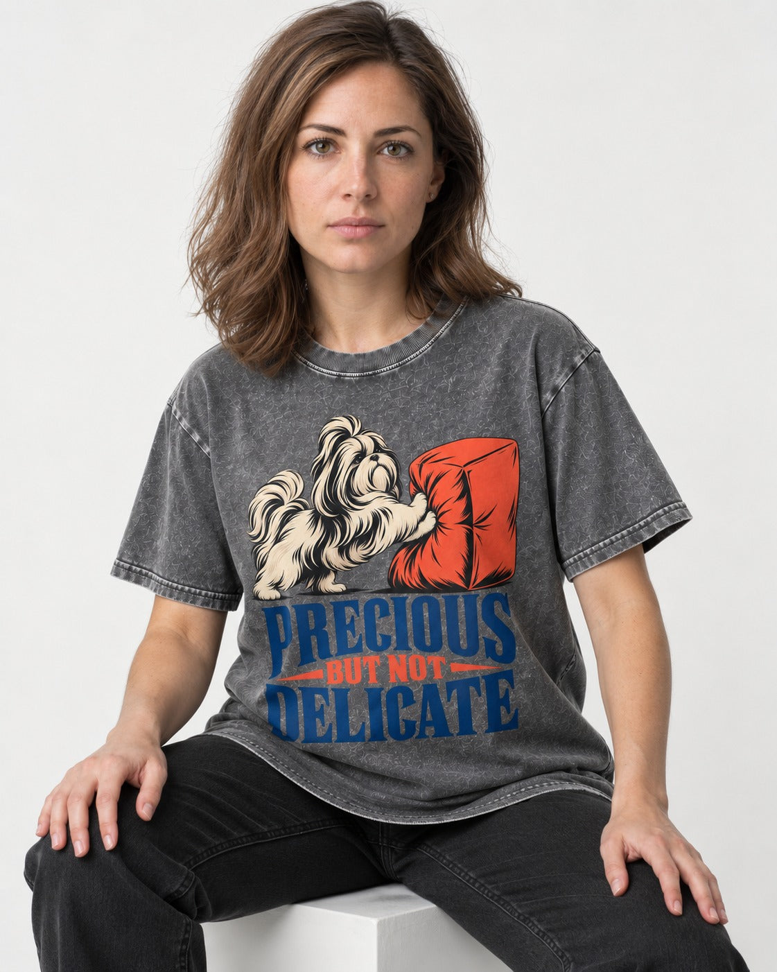 Precious but Not Delicate Shih Tzu Washed Tee in Gray, worn by a seated model