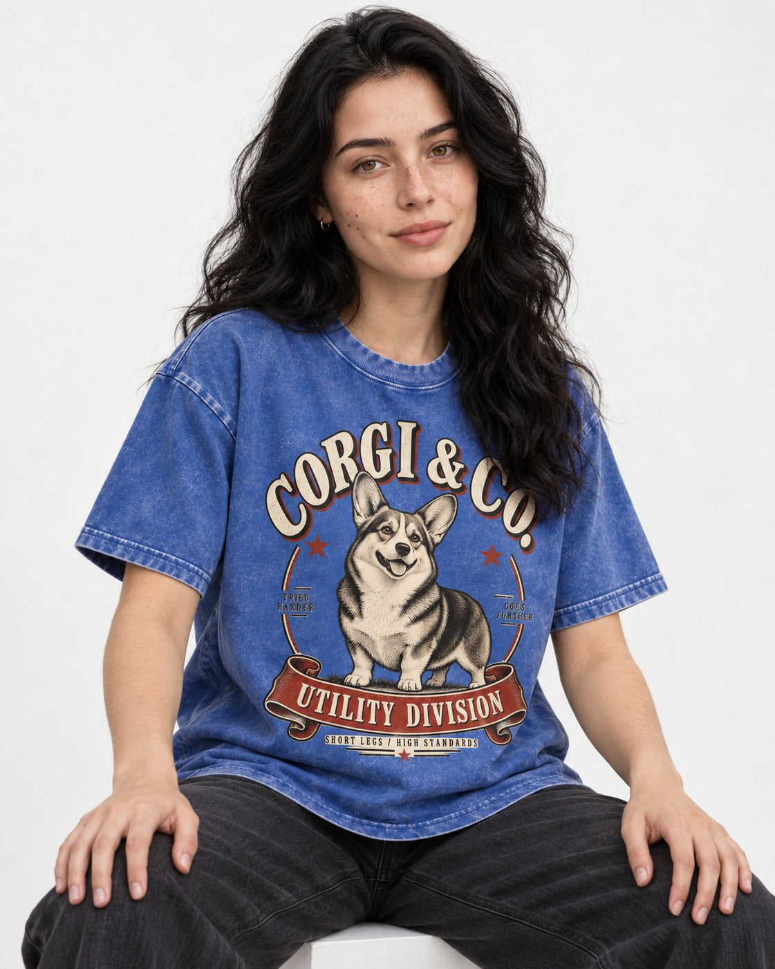 Corgi and Co Utility Division Emblem Washed Tee in Royal Blue, worn by a seated model