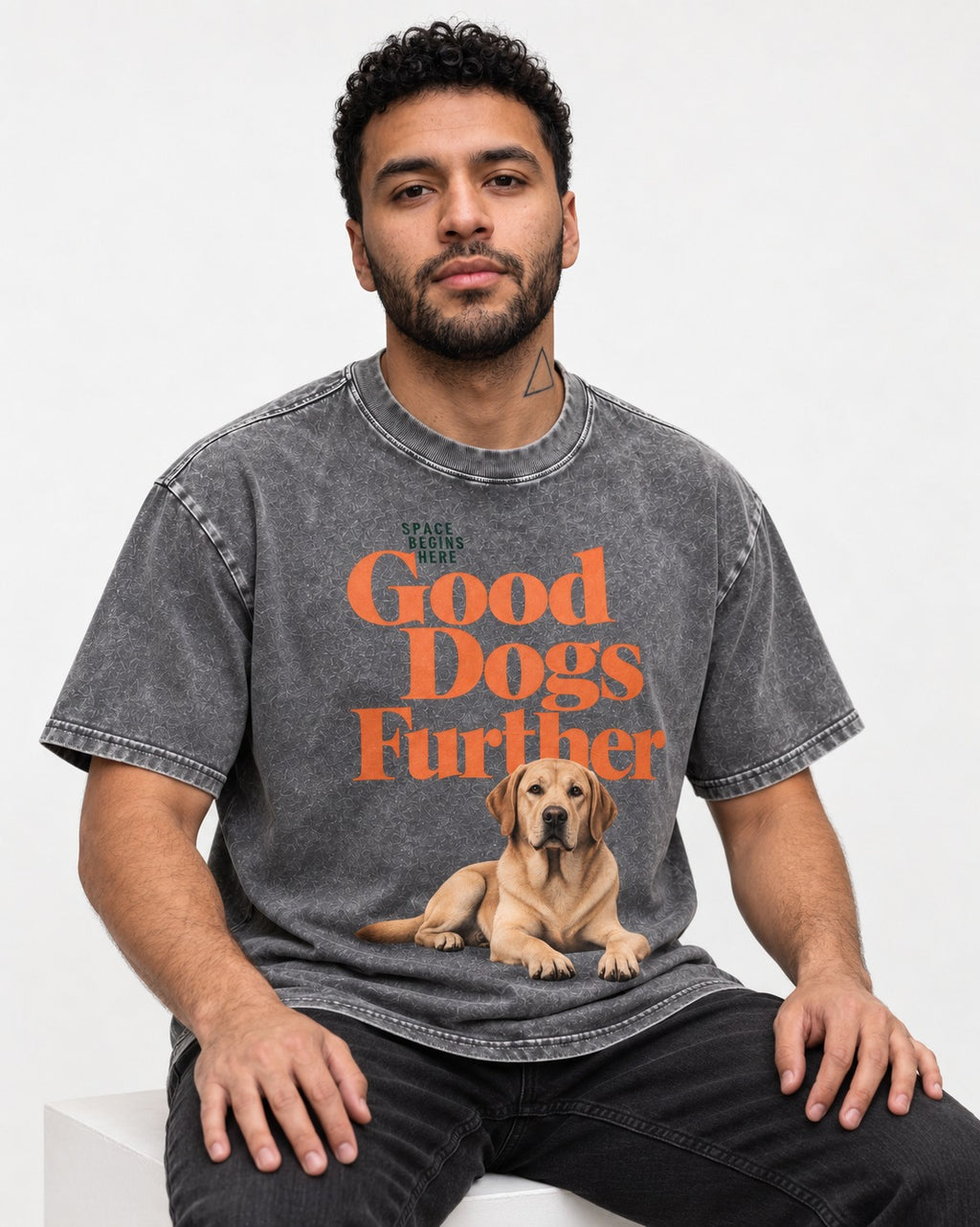 Good Labrador Retriever Goes Further Washed Tee in Gray, worn by a seated model