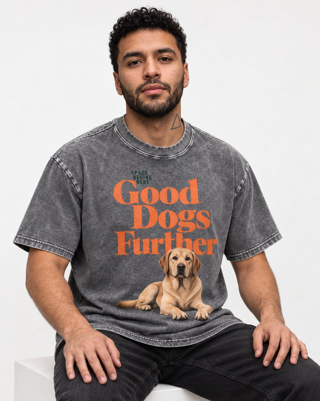 Good Labrador Retriever Goes Further Washed Tee in Gray, worn by a seated model