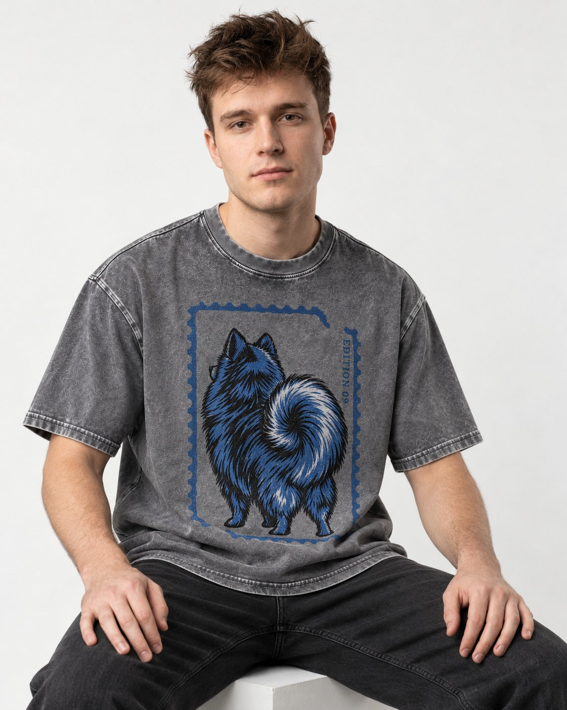 Pomeranian Pride Washed Tee in Gray, worn by a seated model