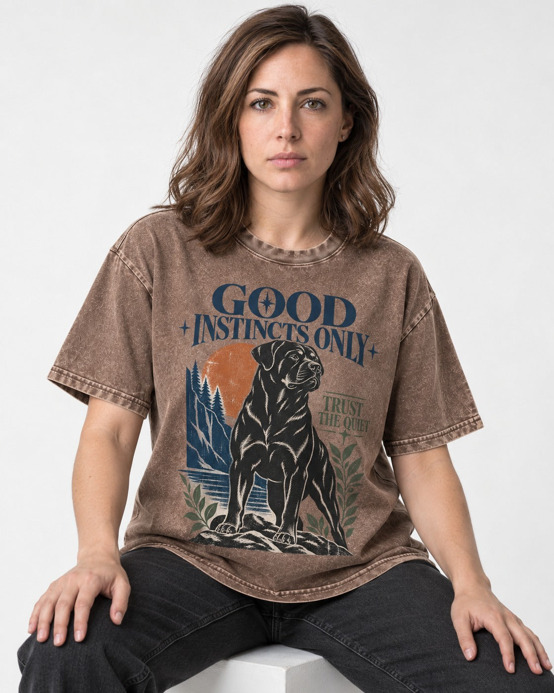 Good Instincts Only Rottweiler Washed Tee in Coffee, worn by a seated model