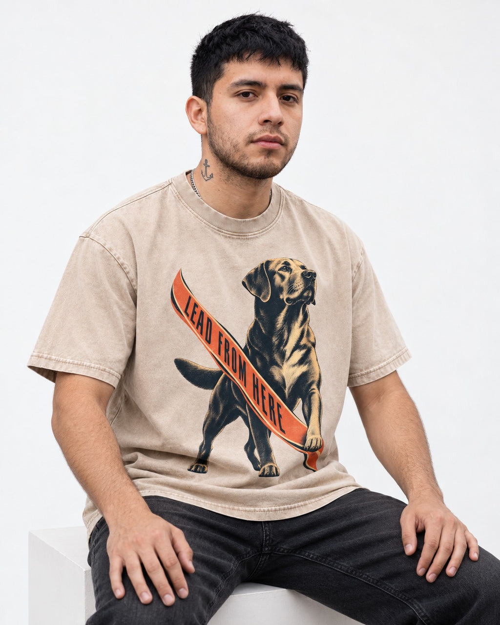 Lead From Here Labrador Retriever Washed Tee in Apricot, worn by a seated model
