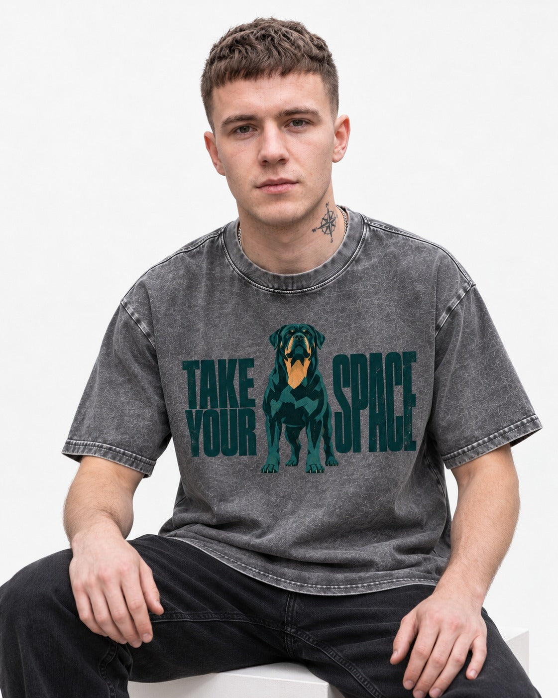 Rottweiler Take Your Space Washed Tee in Gray, worn by a seated model