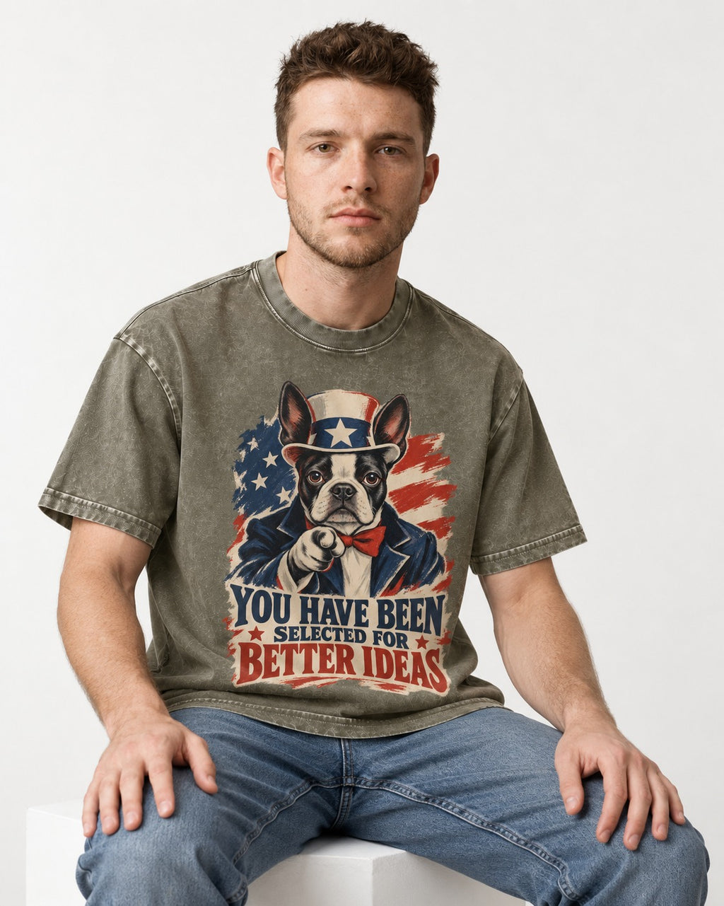 You Have Been Selected for Better Ideas Boston Terrier Washed Tee in Army Green, worn by a seated model