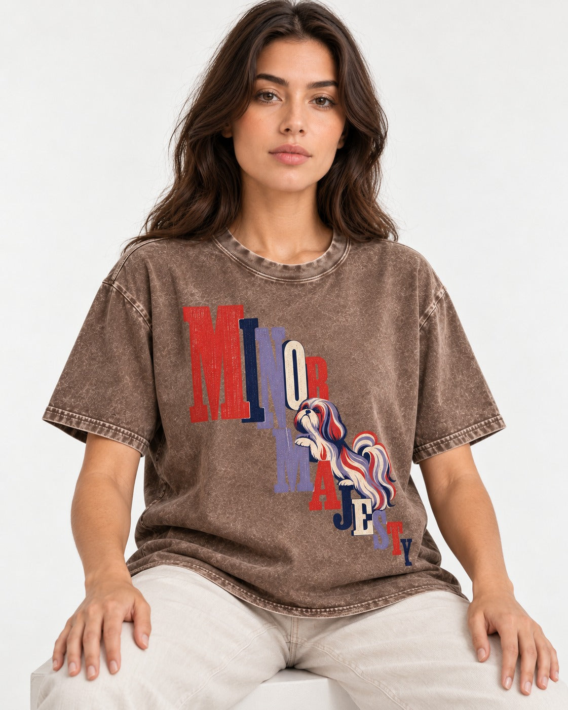 Shih Tzu Minor Majesty Washed Tee in Coffee, worn by a seated model