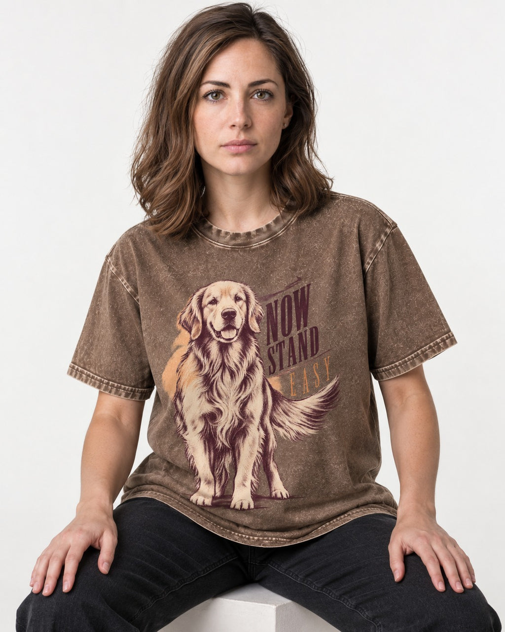 Now Stand Easy Golden Retriever Washed Tee in Coffee, worn by a seated model