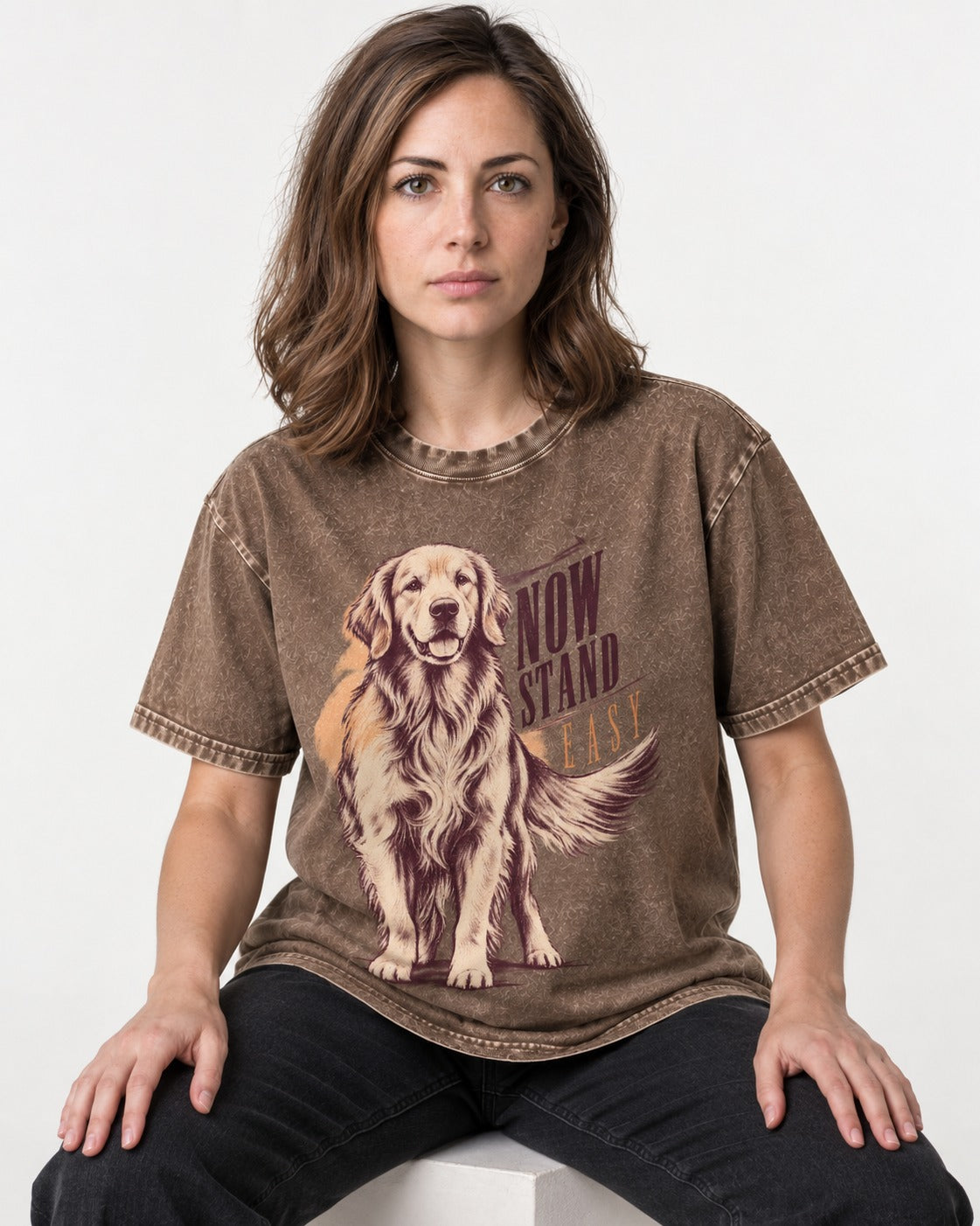 Now Stand Easy Golden Retriever Washed Tee in Coffee, worn by a seated model