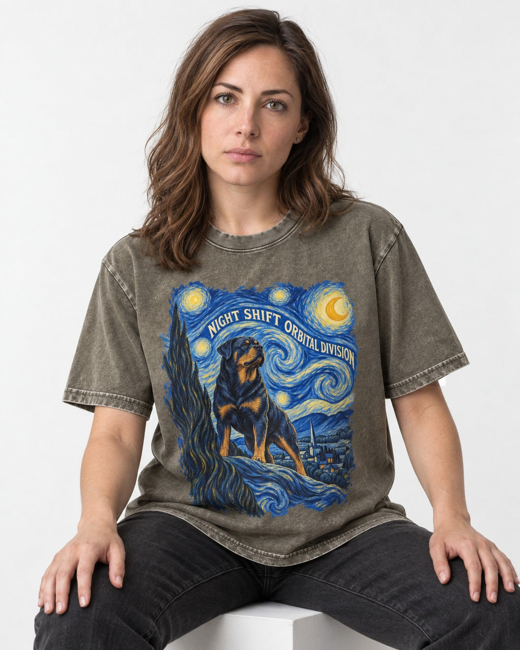 Rottweiler Night Shift Orbital Division Starry Night Graphic Washed Tee in Army Green, worn by a seated model