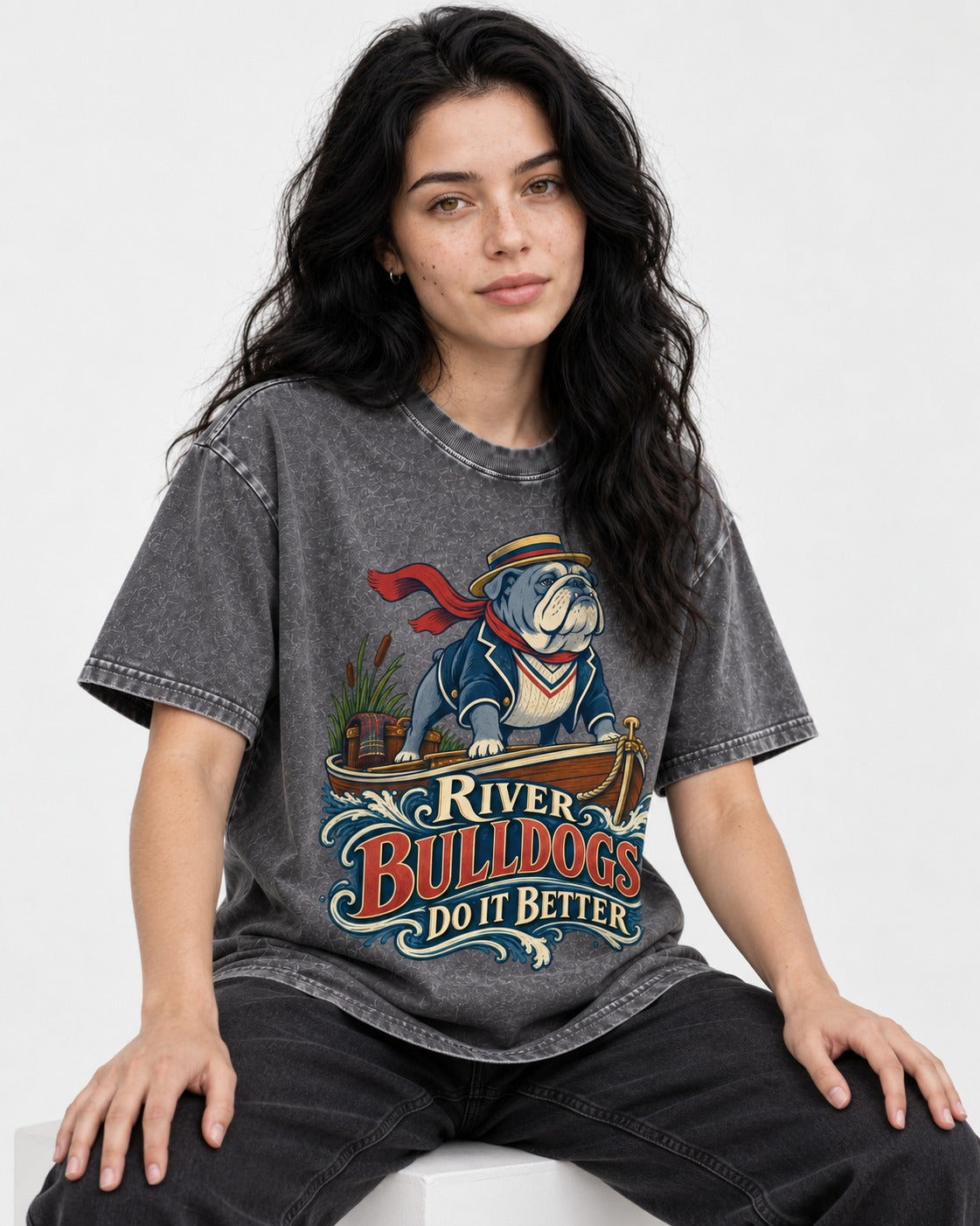 River English Bulldog Does It Better Washed Tee in Gray, worn by a seated model