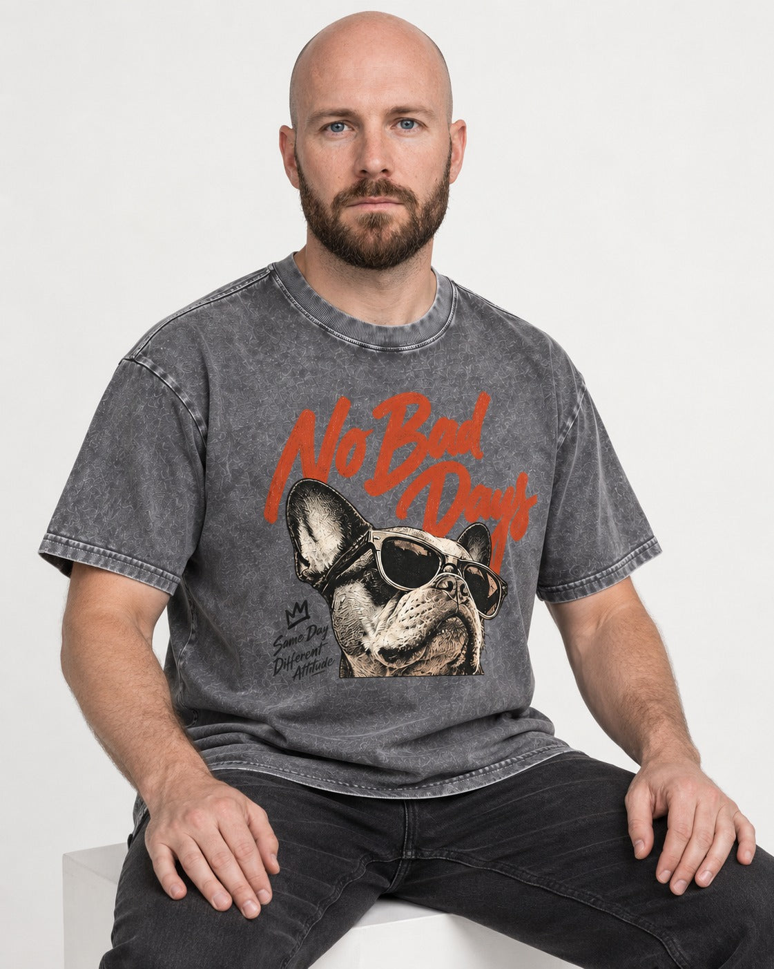 Frenchie No Bad Days Washed Tee in Gray, worn by a seated model