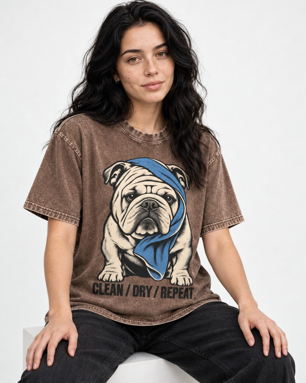 Clean Dry Repeat English Bulldog Washed Tee in Coffee, worn by a seated model
