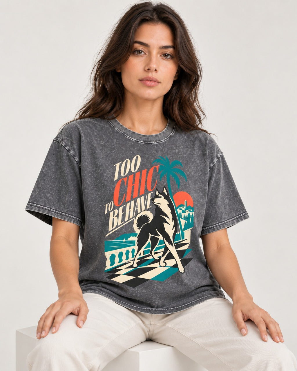 Husky Too Chic to Behave Riviera Graphic Washed Tee in Gray, worn by a seated model