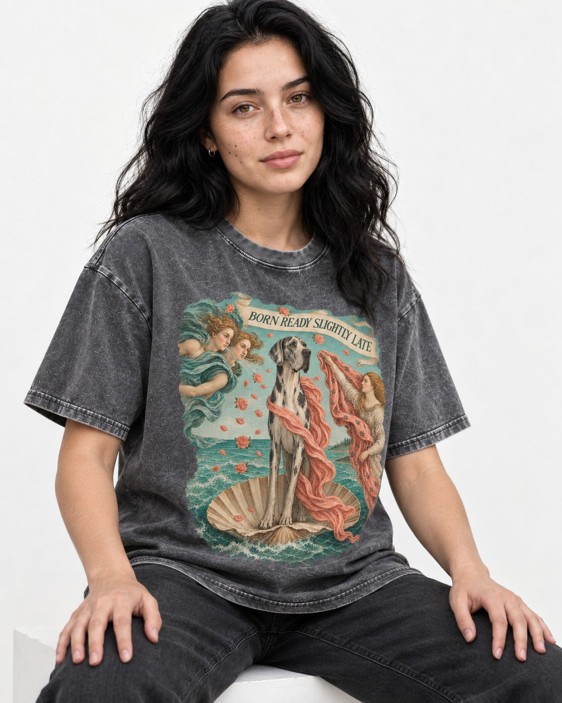 Great Dane Born Ready Slightly Late Washed Tee in Gray, worn by a seated model