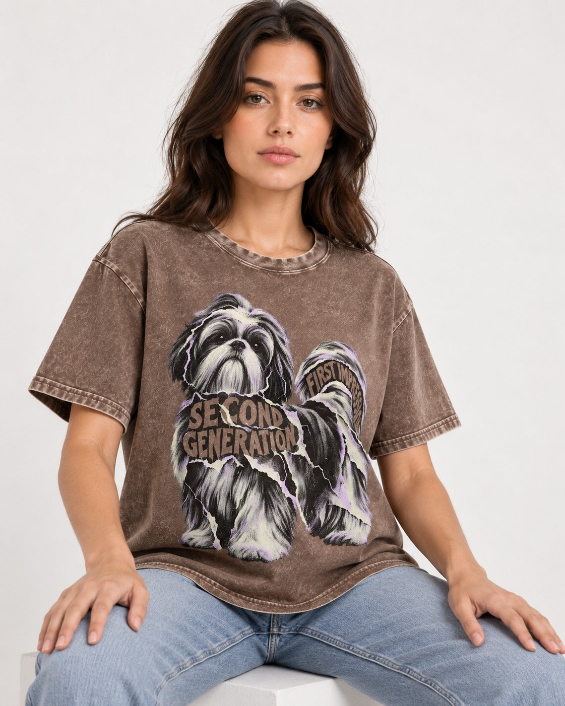 Second Generation Shih Tzu Washed Tee in Coffee, worn by a seated model