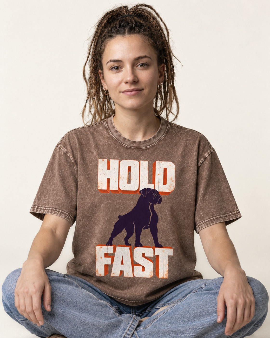 Hold Fast Boxer Typography Graphic Washed Tee in Coffee, worn by a seated model
