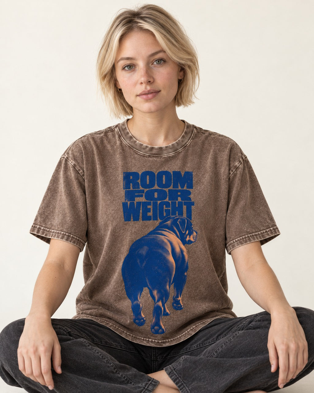 Room for Weight Rottweiler Washed Tee in Coffee, worn by a seated model