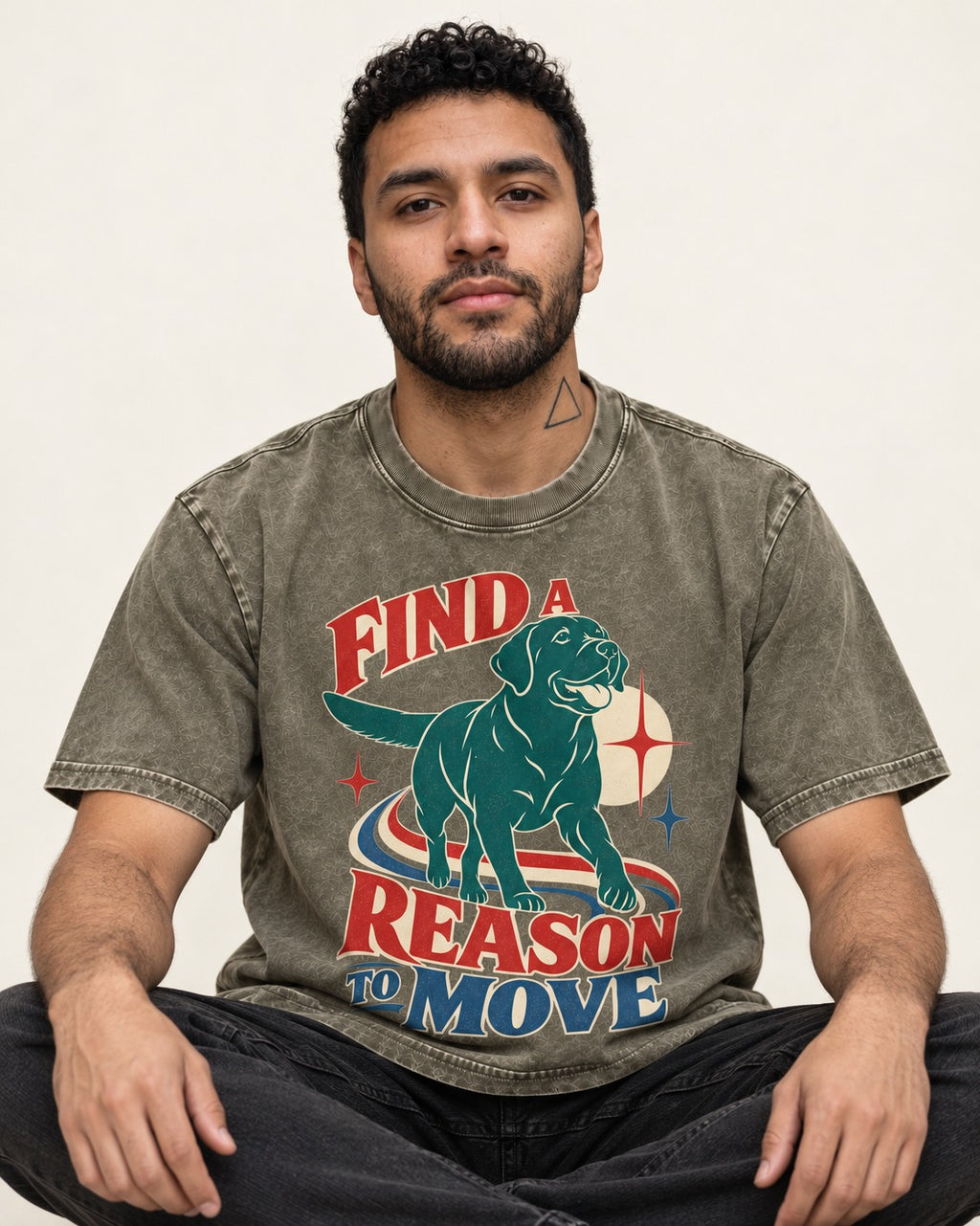 Labrador Retriever Find a Reason to Move Retro Dog Graphic Washed Tee in Army Green, worn by a seated model