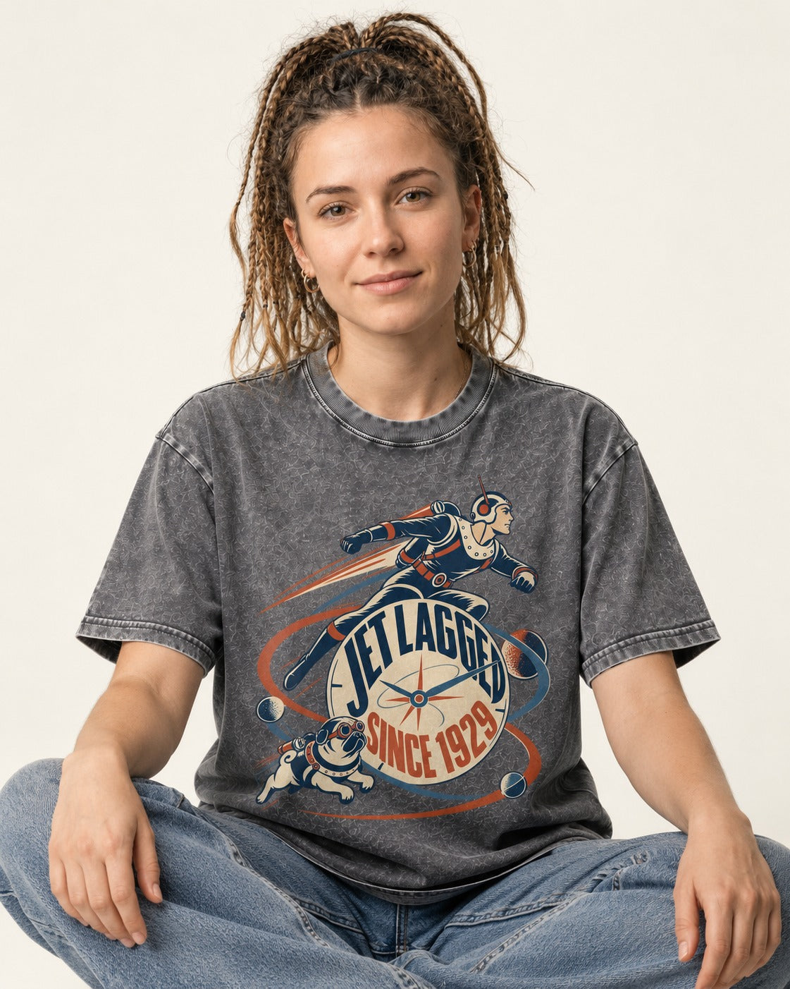 Jet Lagged Pug Washed Tee in Gray, worn by a seated model