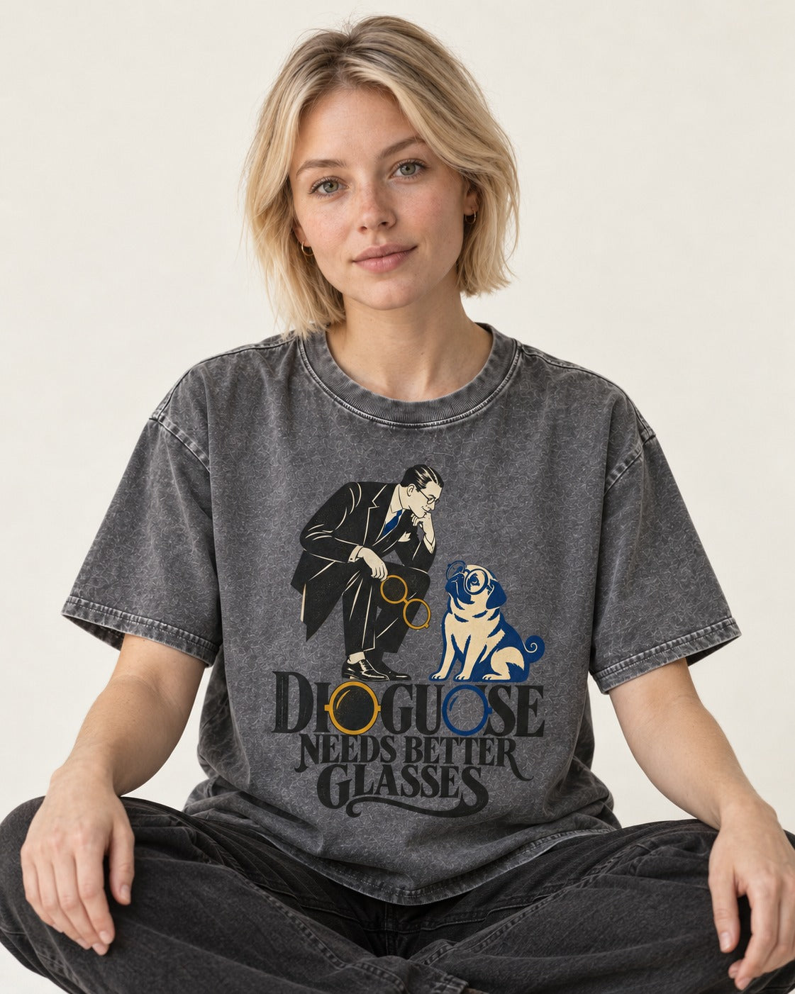 Pug Needs Better Glasses Washed Tee in Gray, worn by a seated model