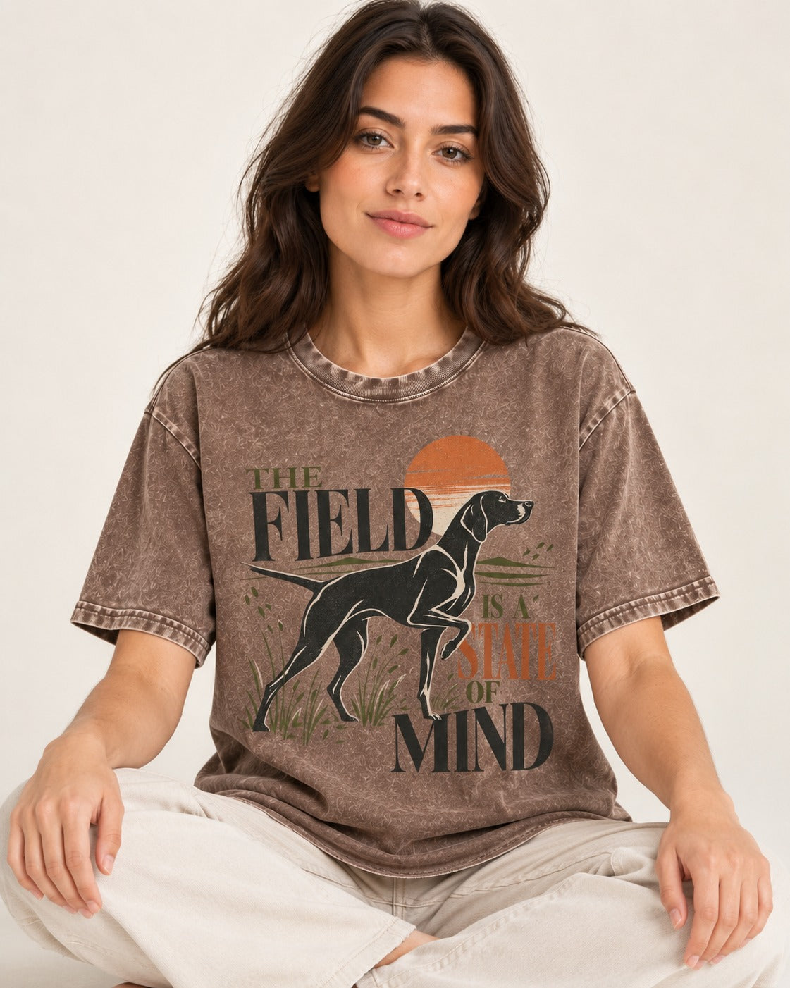 German Shorthaired Pointer Field State of Mind Washed Tee in Coffee, worn by a seated model