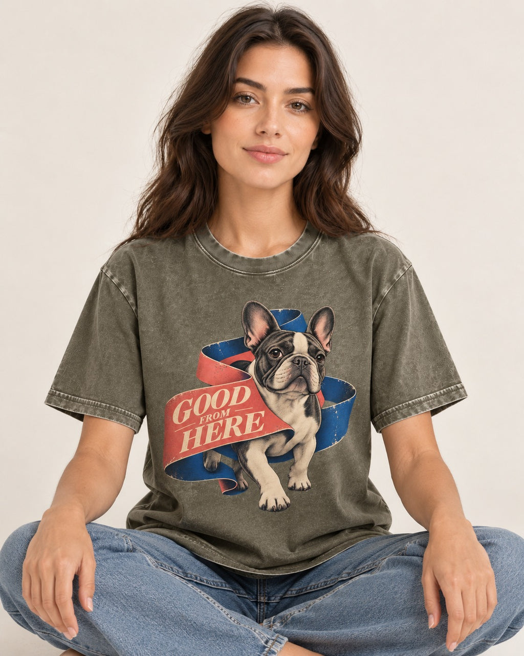 Frenchie Good From Here Ribbon Graphic Washed Tee in Army Green, worn by a seated model