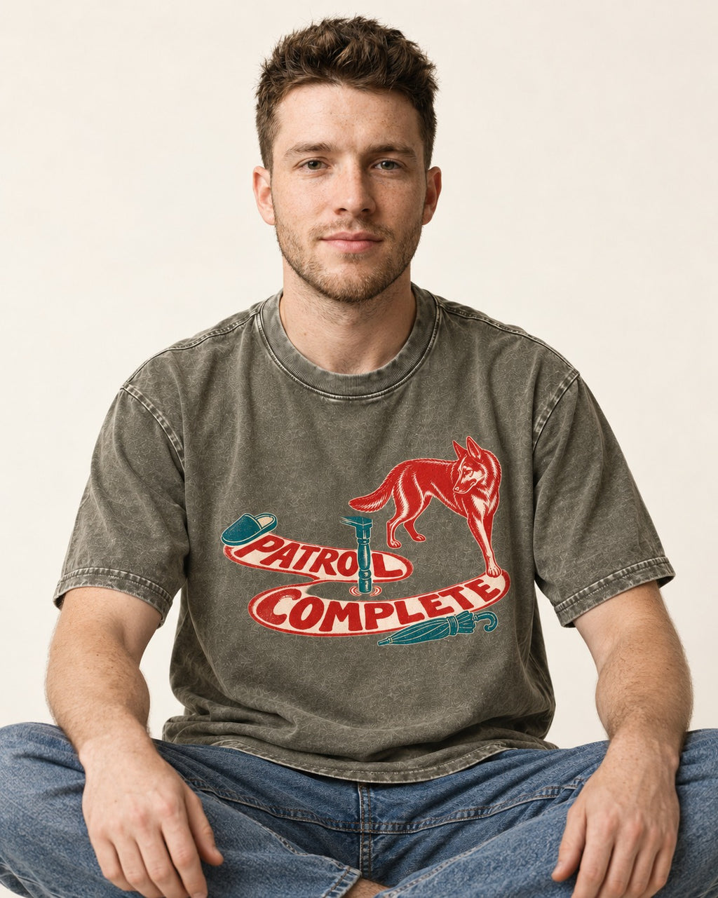 German Shepherd Dog Patrol Complete Umbrella Graphic Washed Tee in Army Green, worn by a seated model