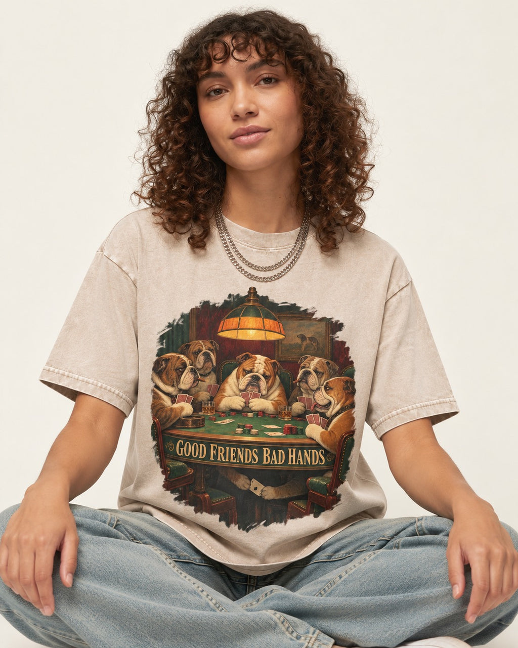 English Bulldog Good Friends Bad Hands Poker Graphic Washed Tee in Apricot, worn by a seated model