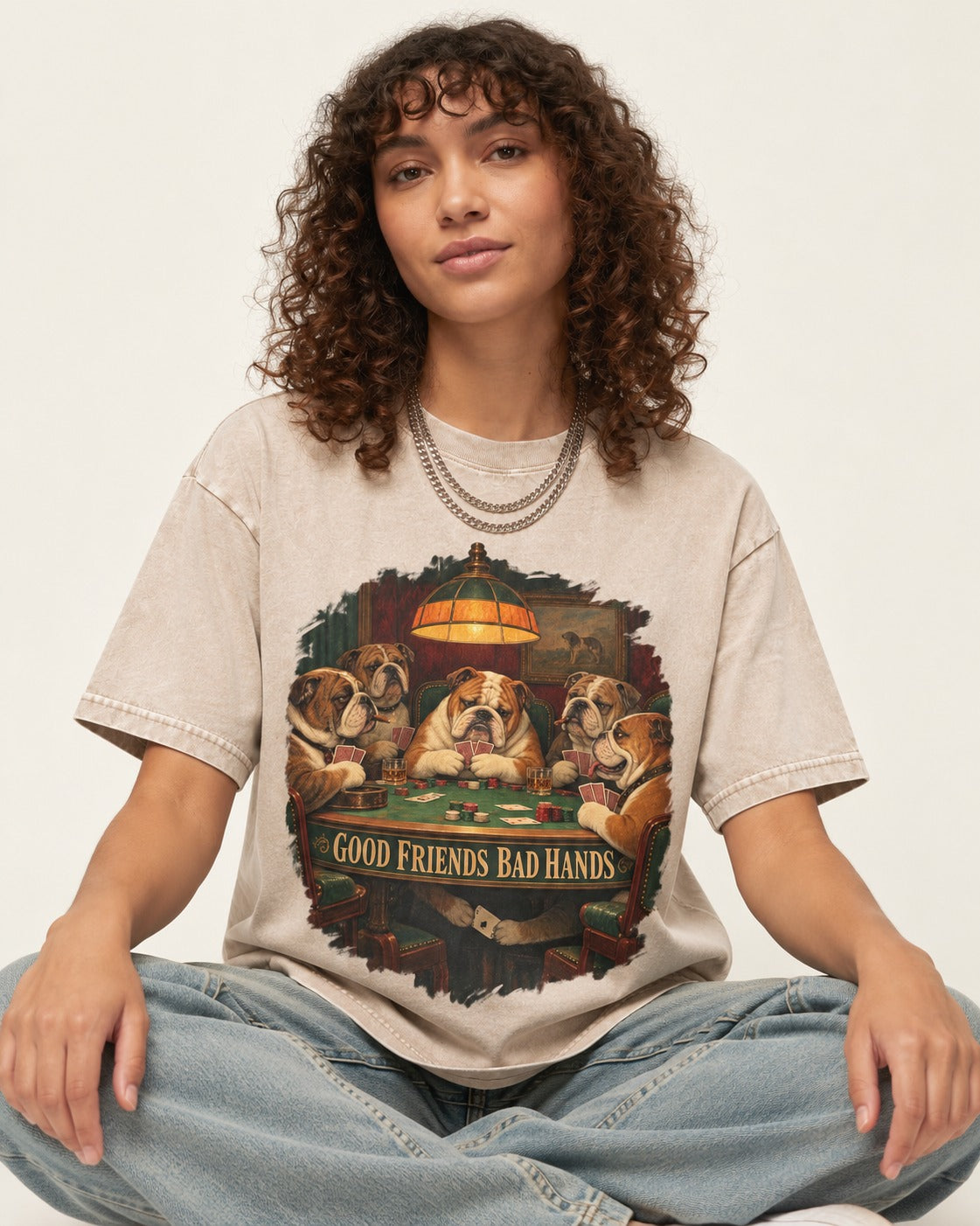 English Bulldog Good Friends Bad Hands Poker Graphic Washed Tee in Apricot, worn by a seated model