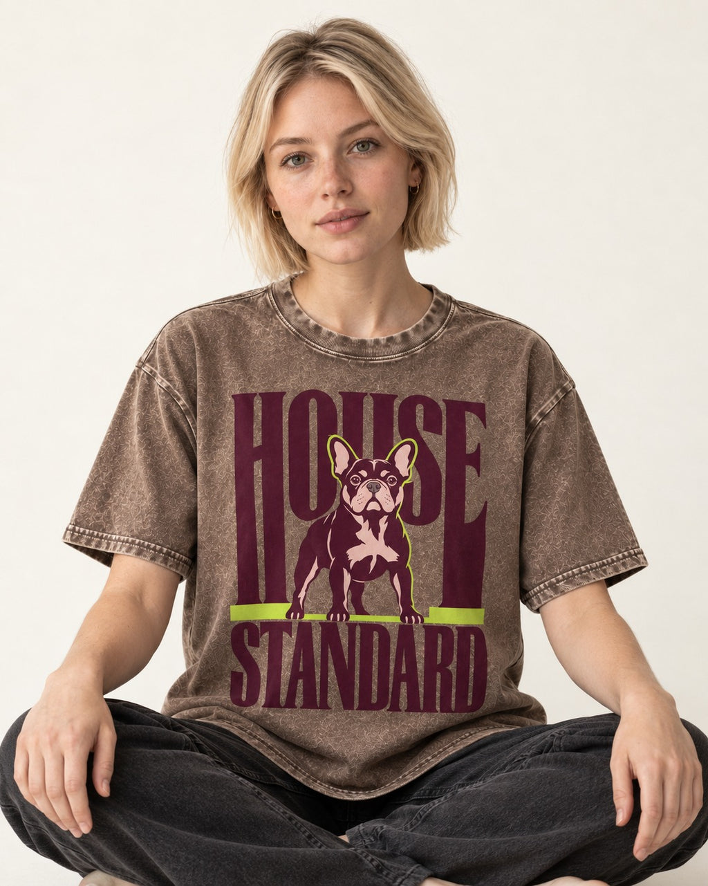 Frenchie House Standard Washed Tee in Coffee, worn by a seated model