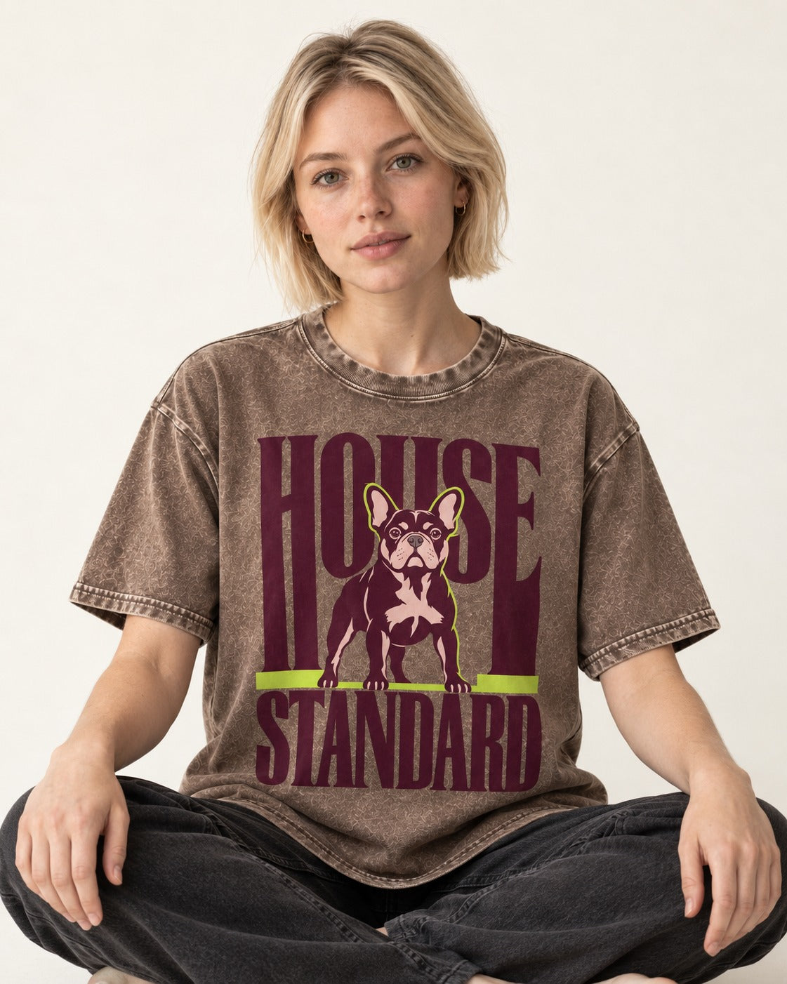 Frenchie House Standard Washed Tee in Coffee, worn by a seated model