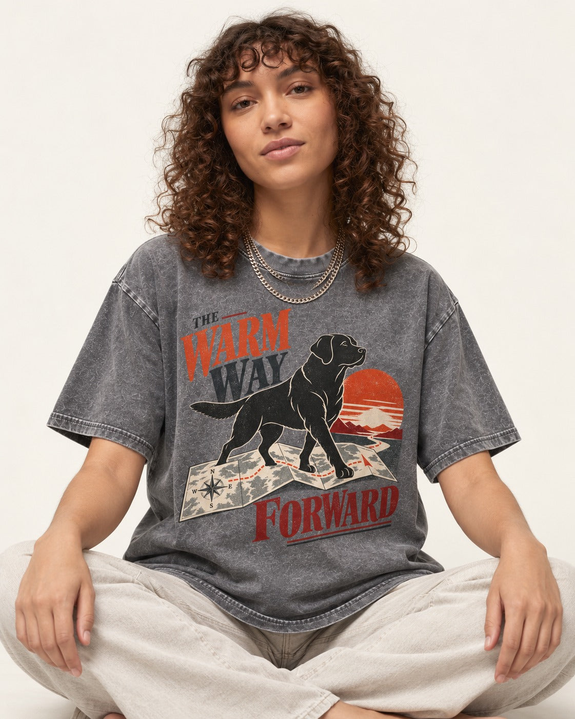 The Warm Way Forward Labrador Retriever Washed Tee in Gray, worn by a seated model