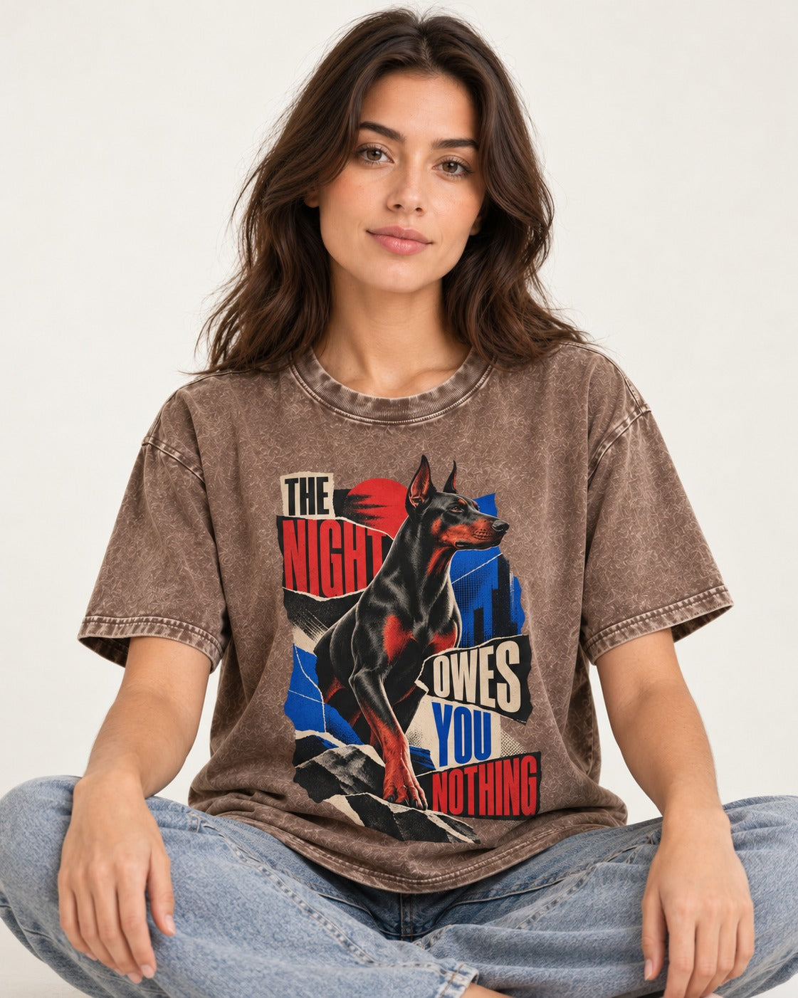 Night Owes You Nothing Doberman Washed Tee in Coffee, worn by a seated model