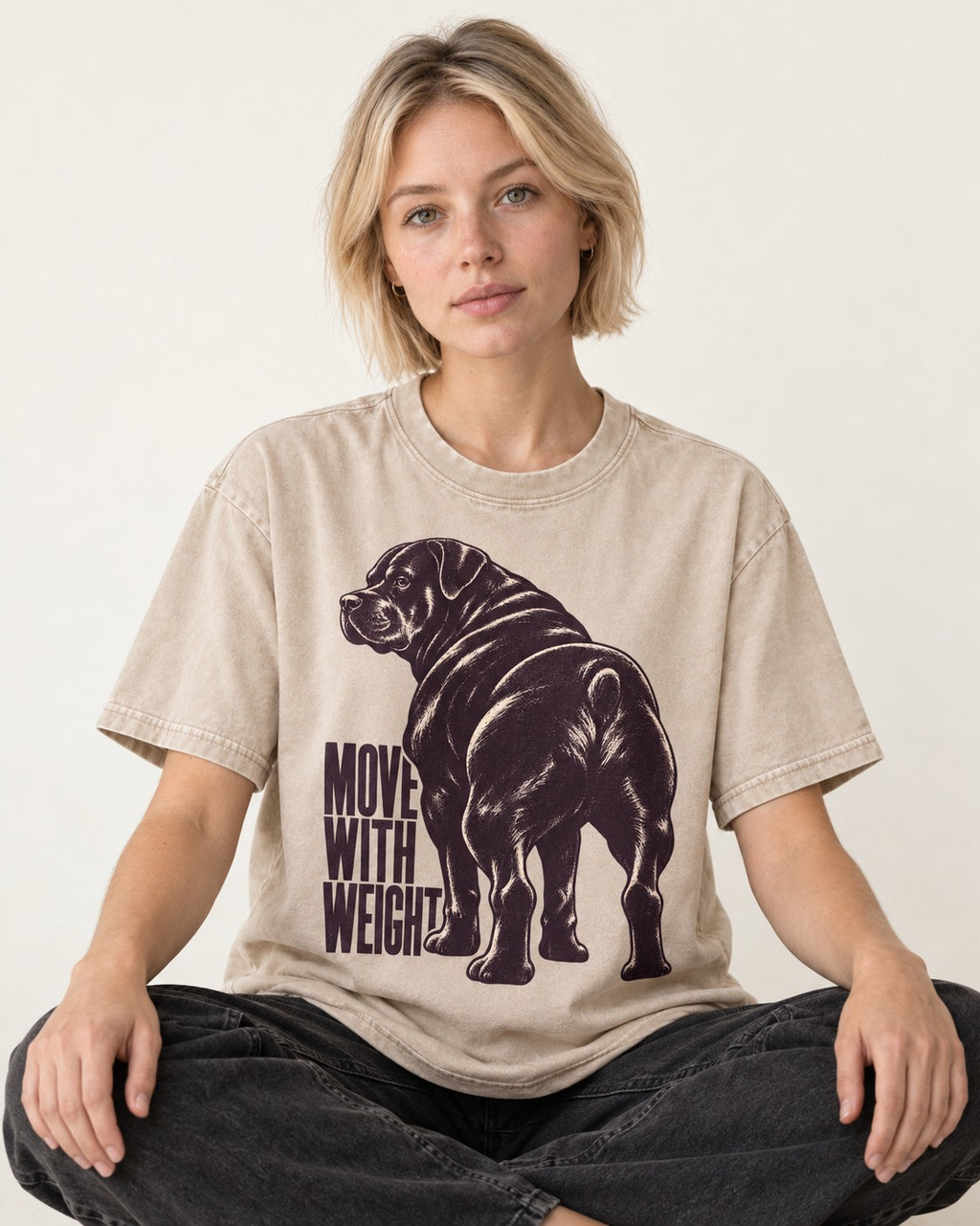 Rottweiler Moves with Weight Washed Tee in Apricot, worn by a seated model