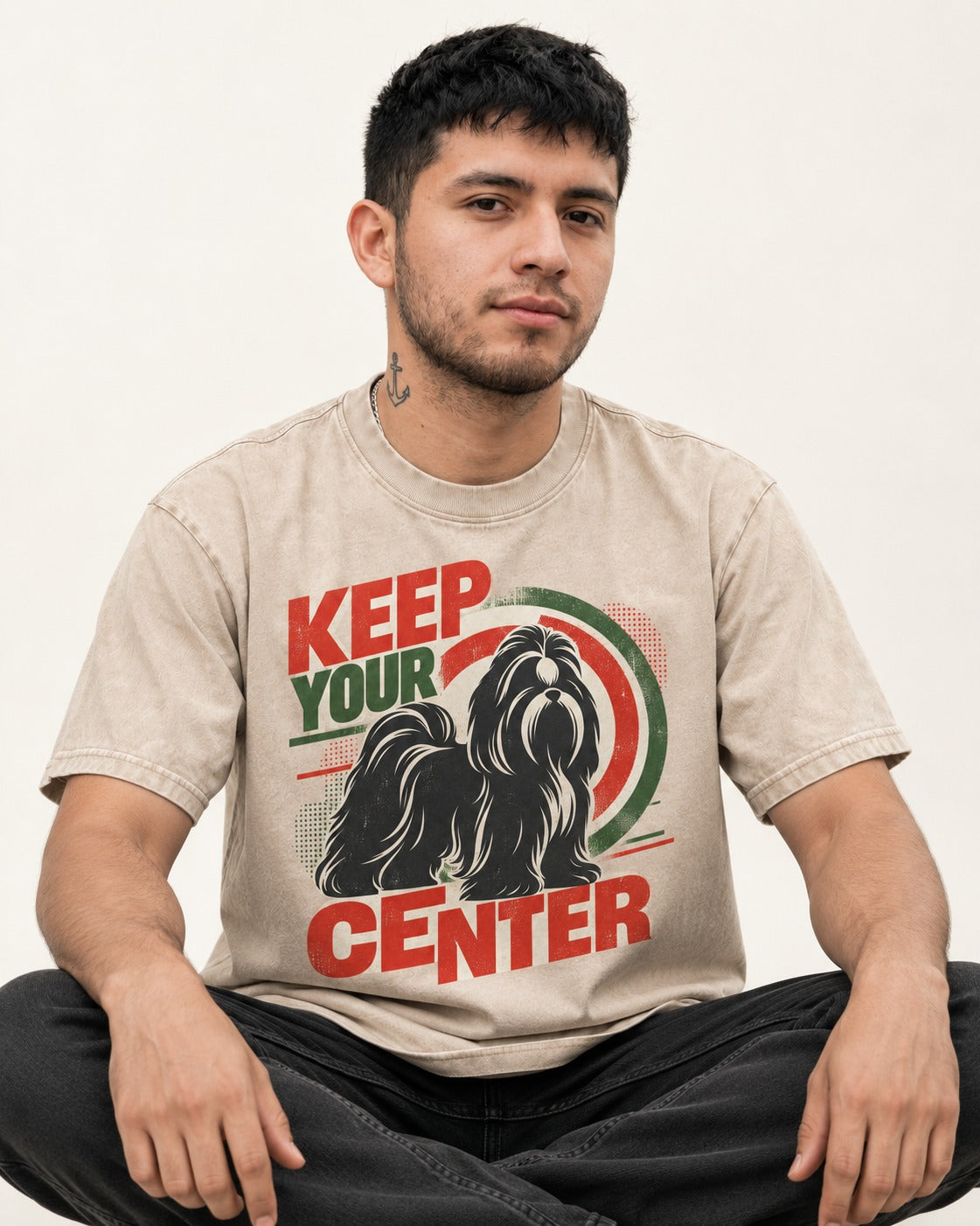 Shih Tzu Keep Your Center Retro Target Graphic Washed Tee in Apricot, worn by a seated model