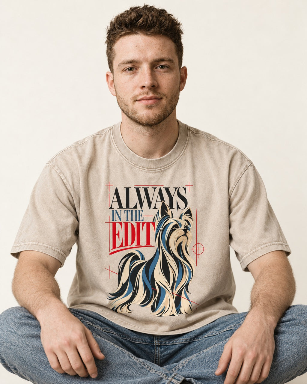Always in the Edit Yorkshire Terrier Washed Tee in Apricot, worn by a seated model