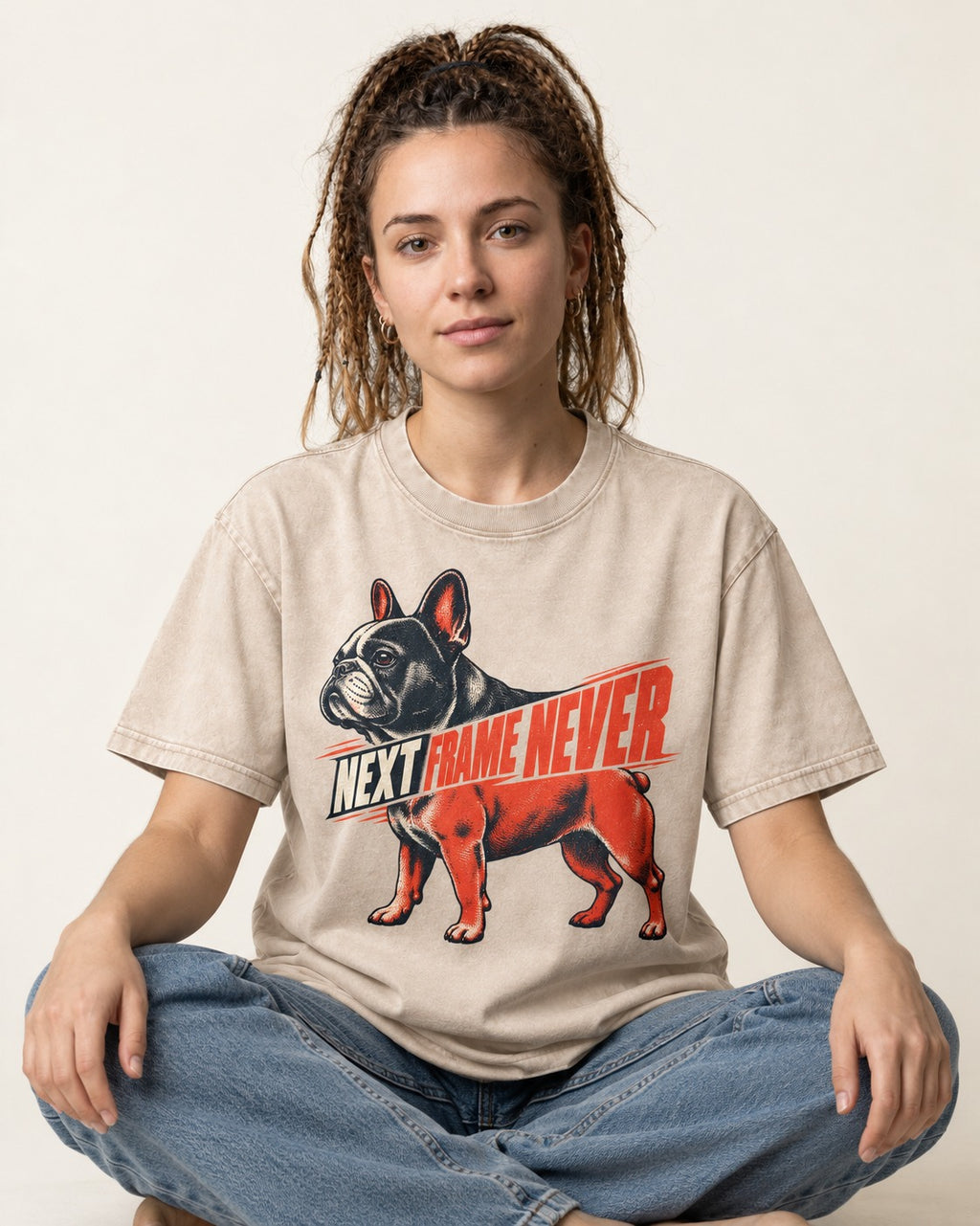 Frenchie Next Frame Never Motion Banner Graphic Washed Tee in Apricot, worn by a seated model