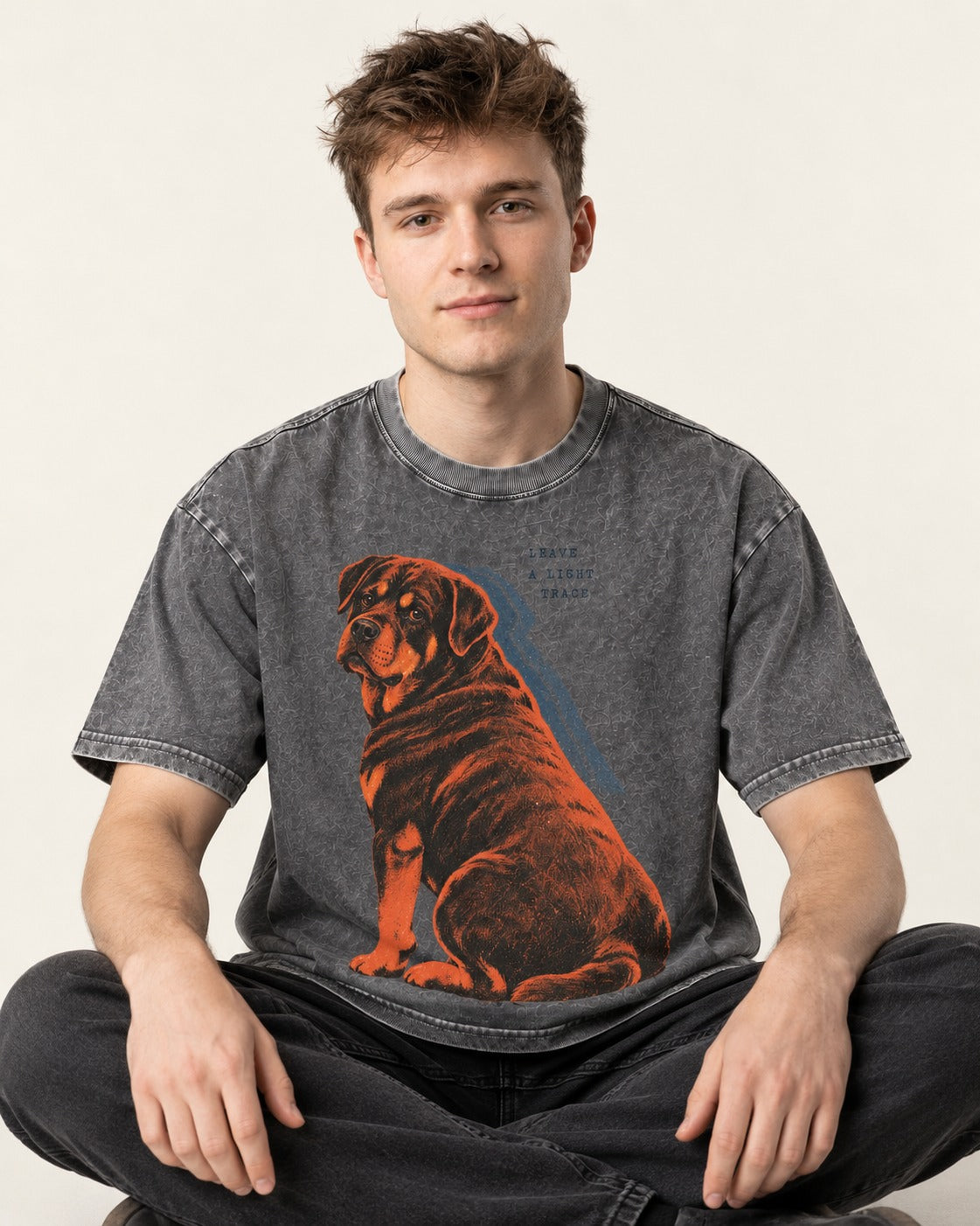Rottweiler Leave a Light Trace Washed Tee in Gray, worn by a seated model