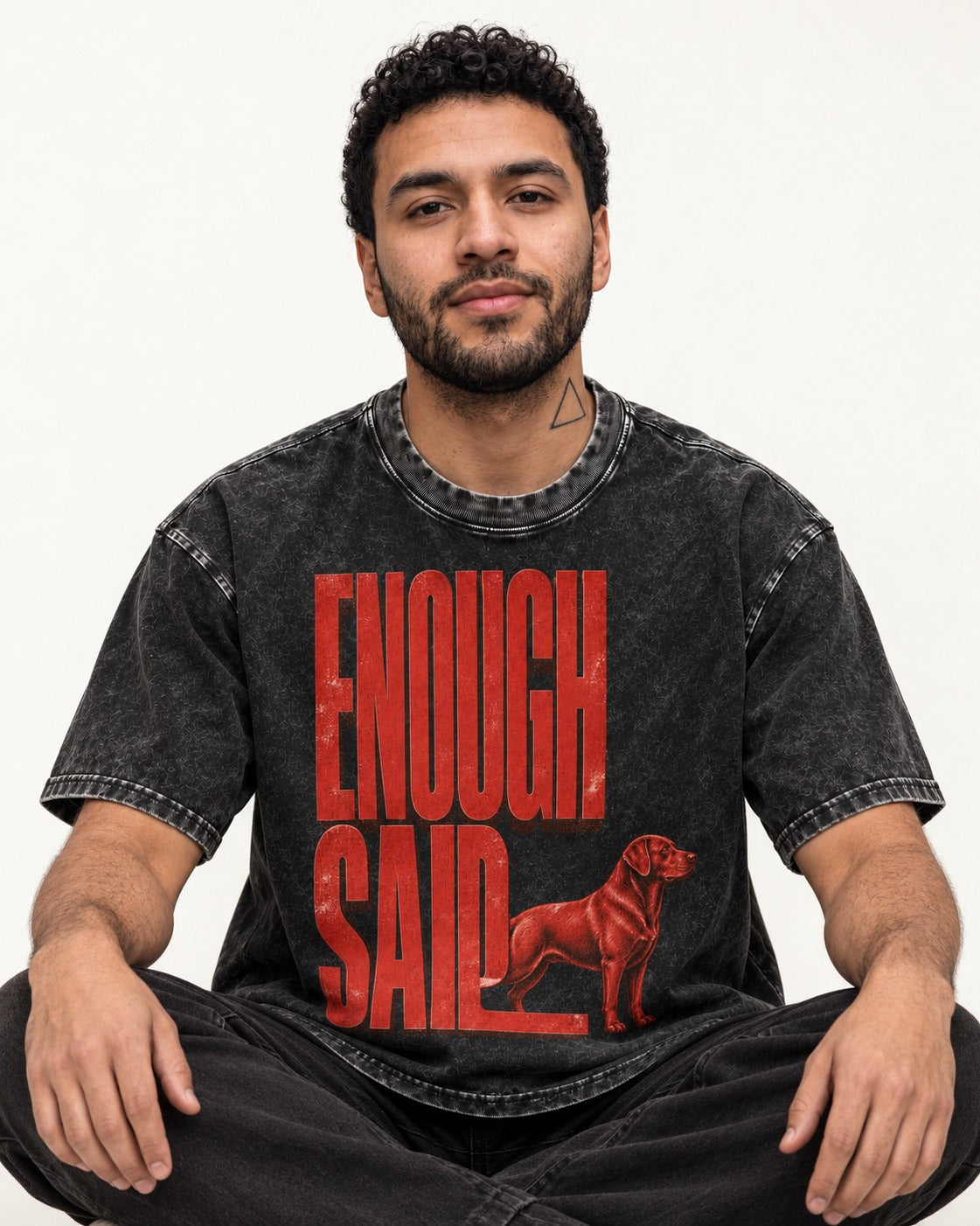 Labrador Retriever Enough Said Standing Typography Graphic Washed Tee in Black, worn by a seated model