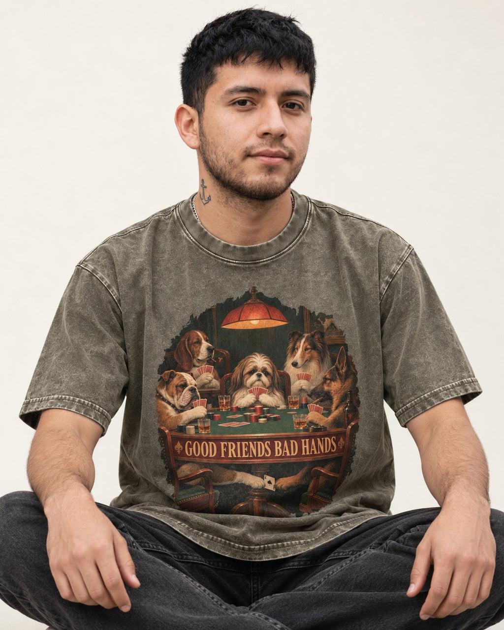 Shih Tzu Good Friends Bad Hands Poker Night Graphic Washed Tee in Army Green, worn by a seated model