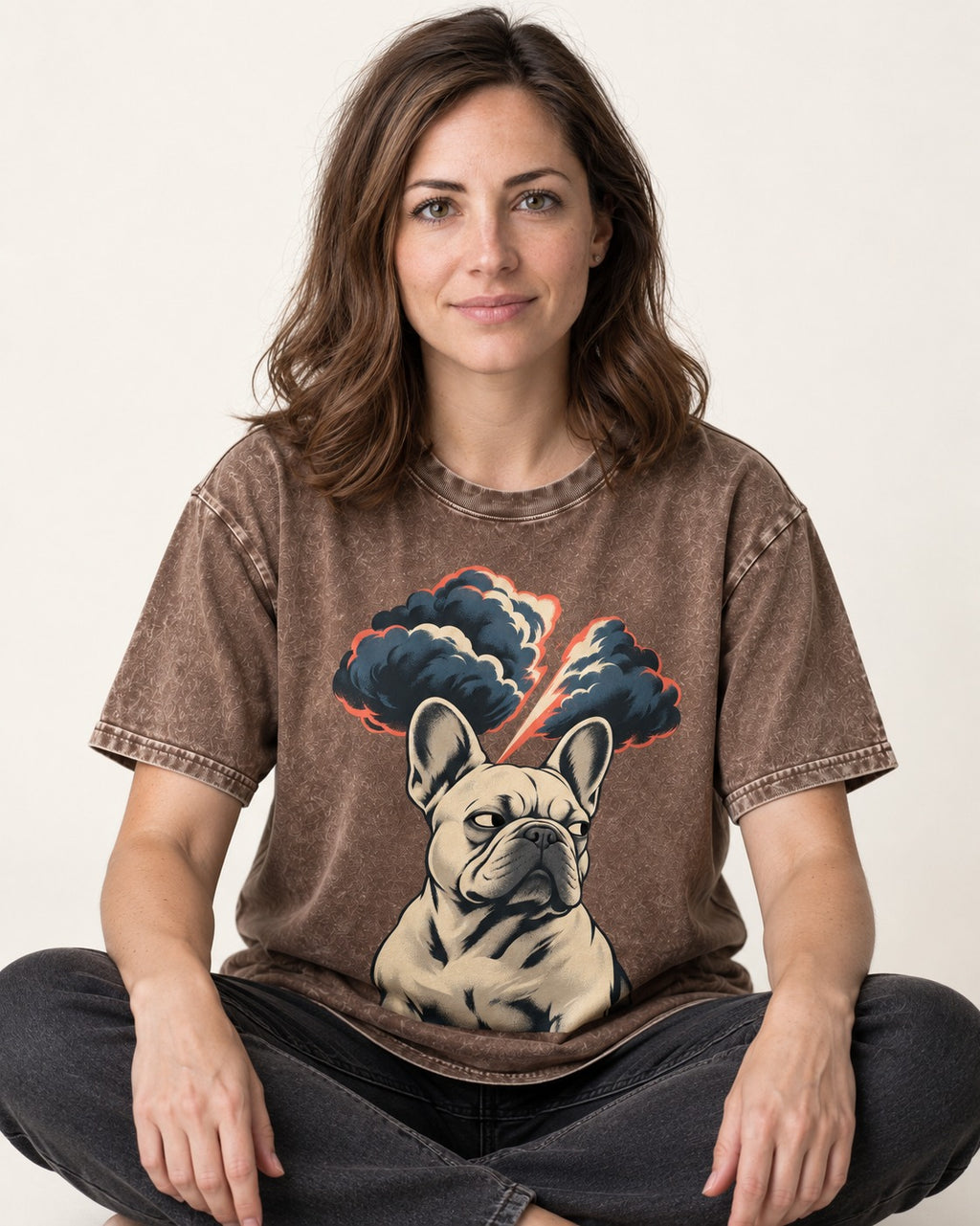 Frenchie Storm Warning Washed Tee in Coffee, worn by a seated model