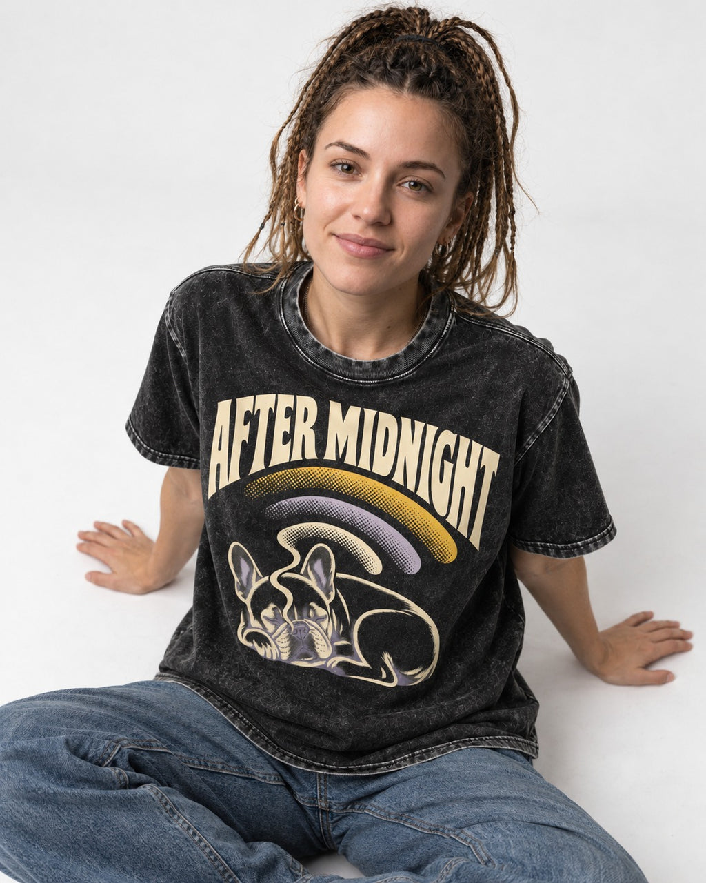 Frenchie After Midnight Sleeping Graphic Washed Tee in Black, worn by a seated model