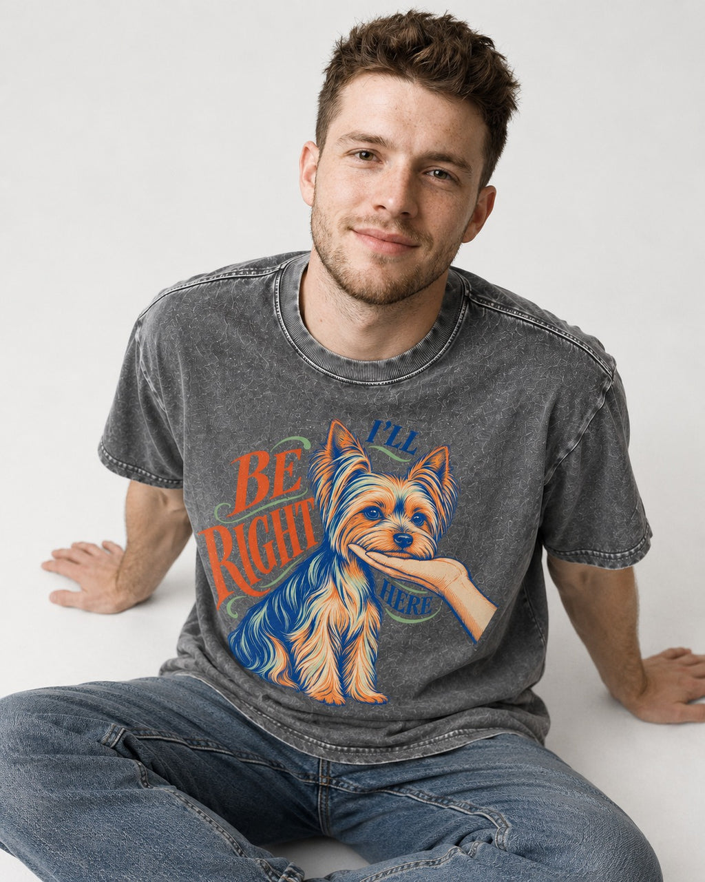 Yorkshire Terrier I'll Be Right Here Washed Tee in Gray, worn by a seated model