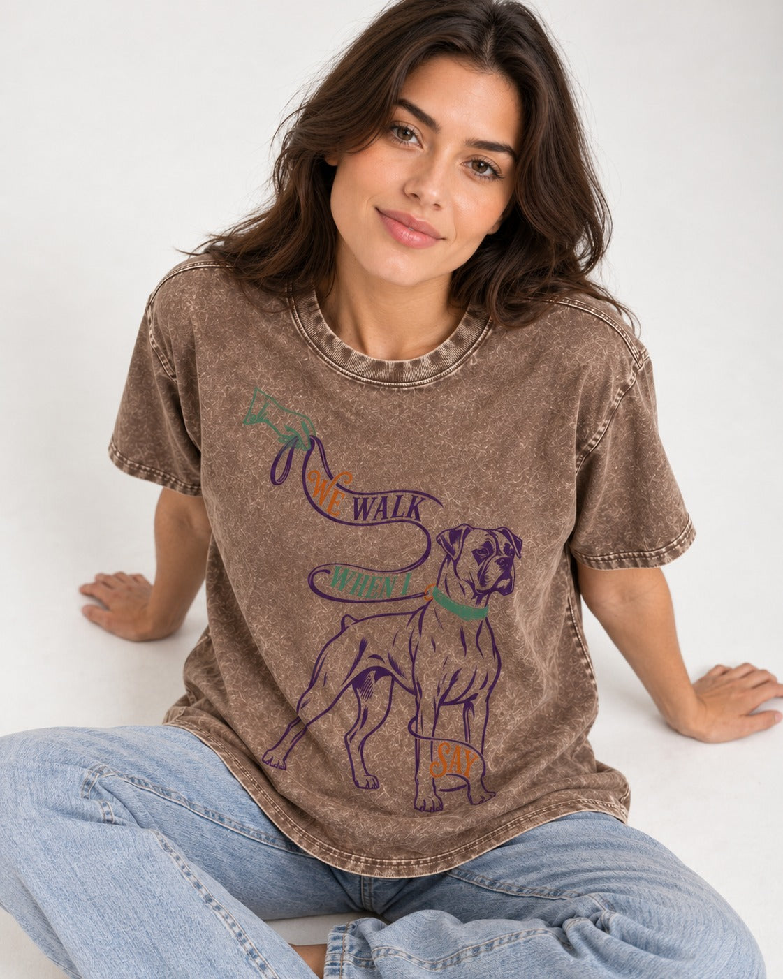 Boxer When I Say Washed Tee in Coffee, worn by a seated model